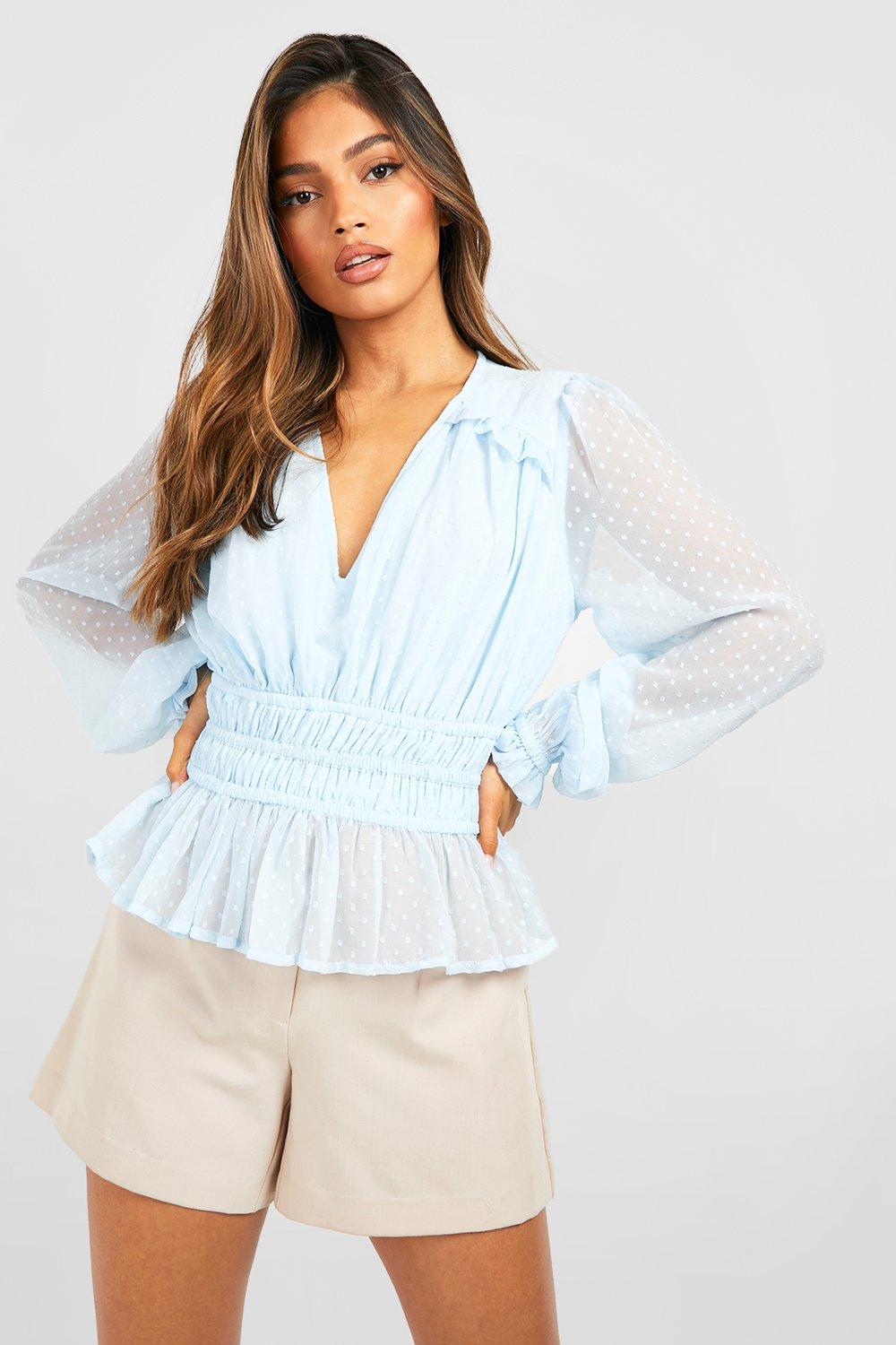 Women's Light Blue Dobby Mesh Long Sleeve Blouse | Boohoo UK